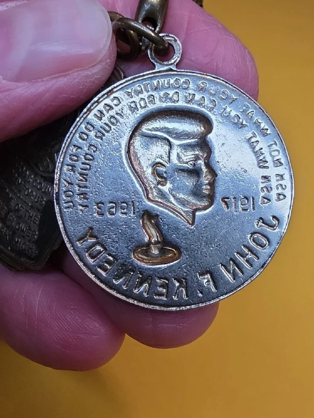 Vintage JFK Memorial & St Therese Shrine Medal Snake Chain Keychain 1960s